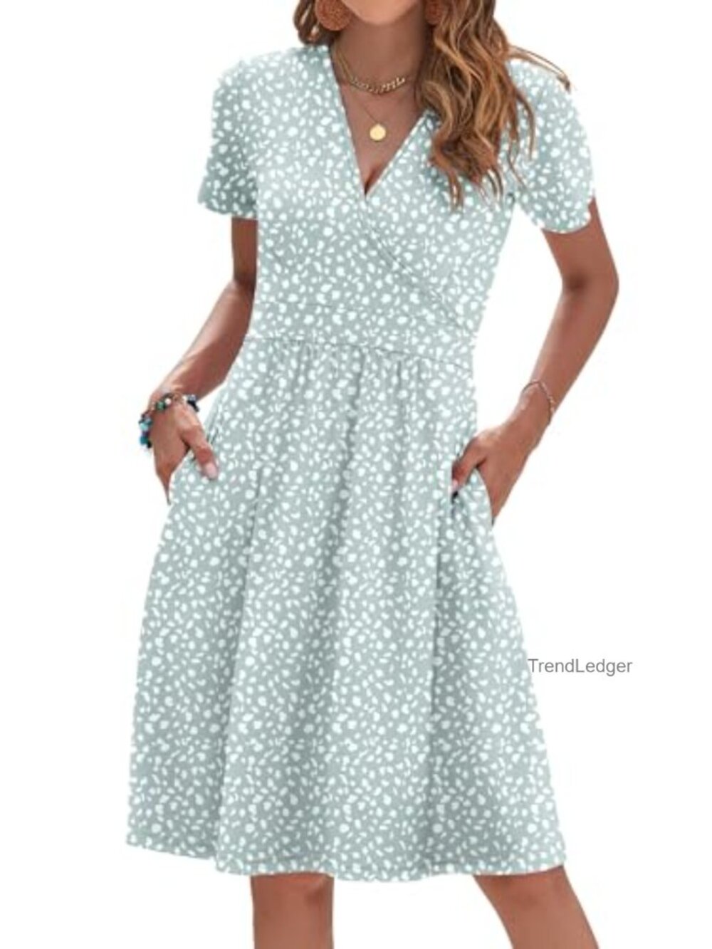 Summer Dress V Neck Faux Wrap Short Sleeve Casual Sundress